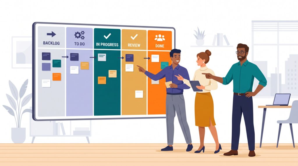 A manager and team collaborating around a five-column kanban board with cards moving across it