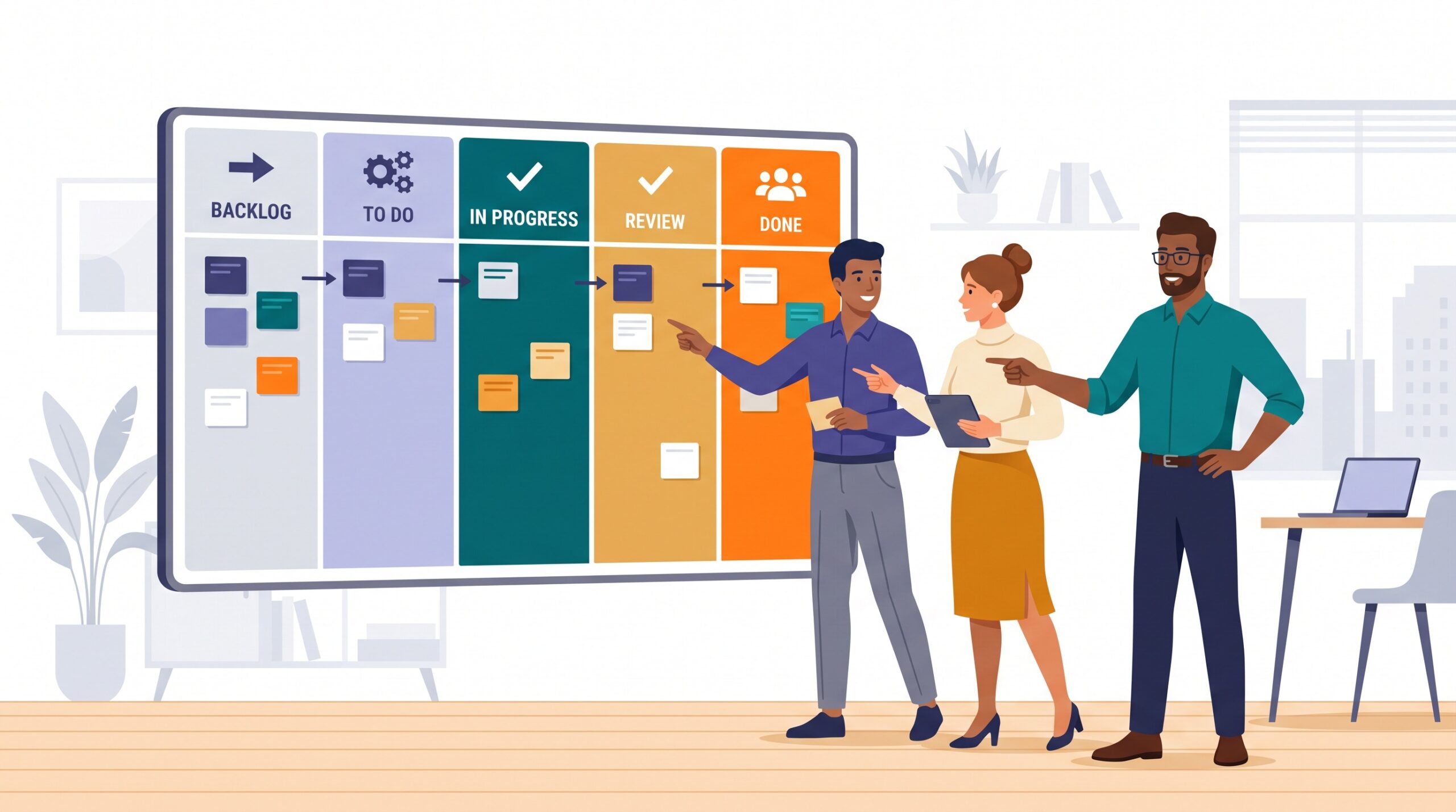 A manager and team collaborating around a five-column kanban board with cards moving across it