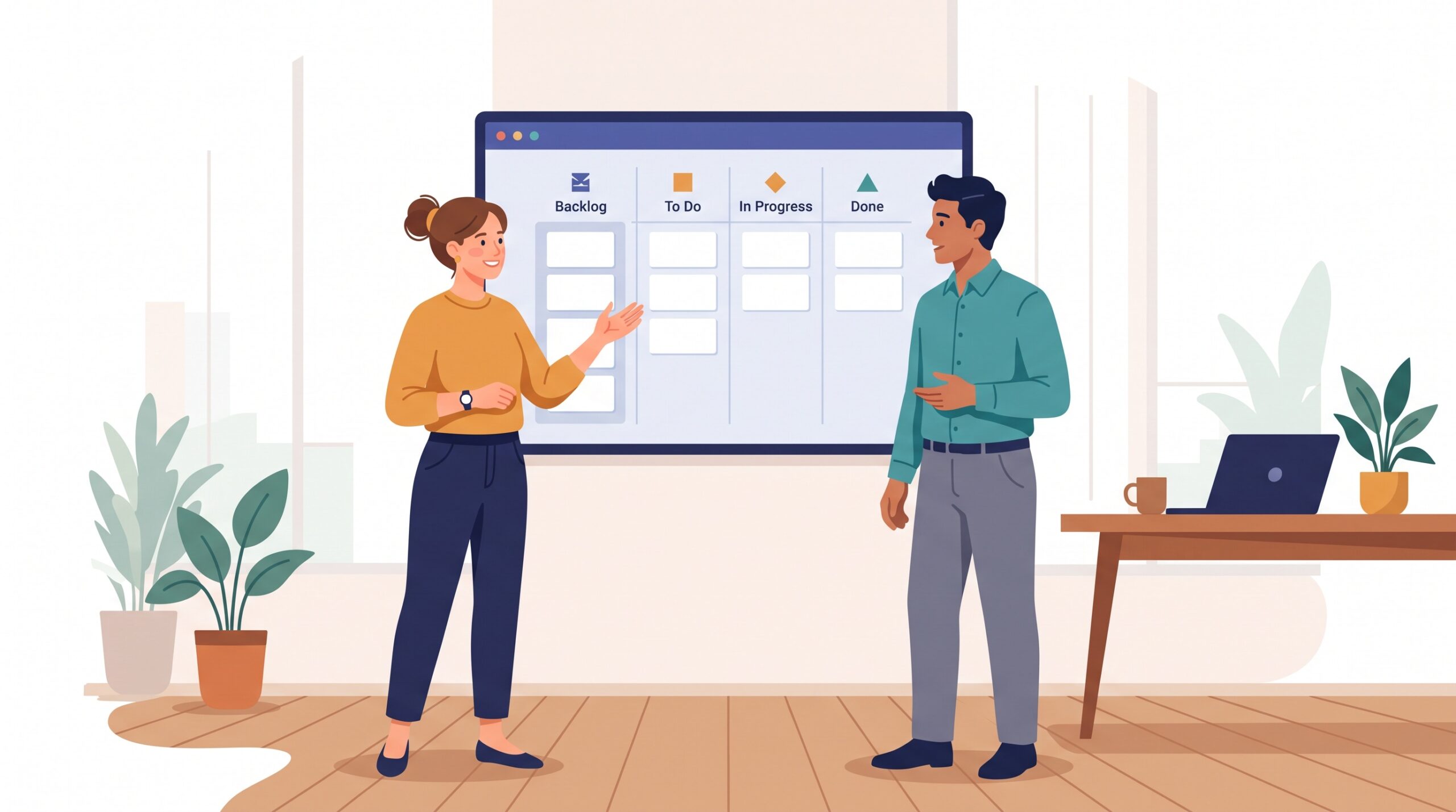A freelancer and a client looking together at the same kanban board on a screen