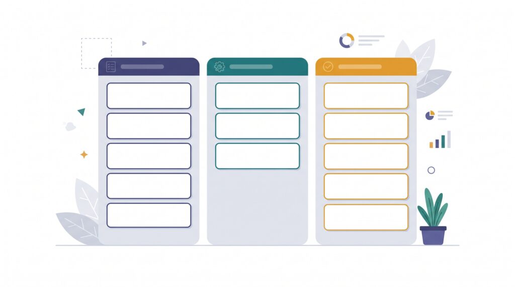 A tidy kanban board with three columns of blank cards in indigo, teal, and amber