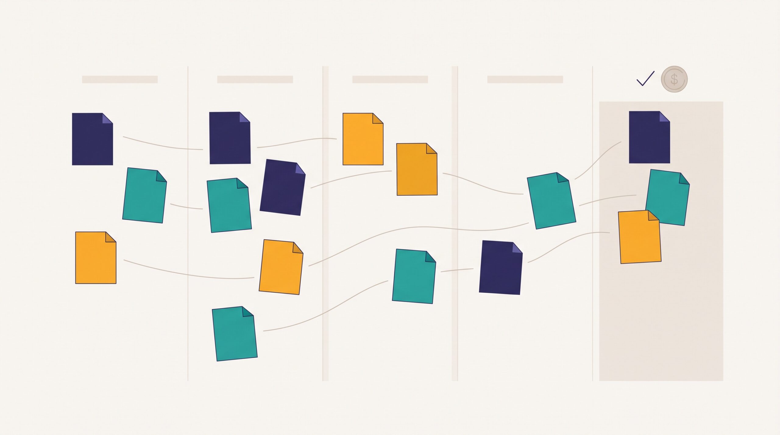 A kanban board of invoice cards flowing through columns toward a paid column marked with a checkmark and coins