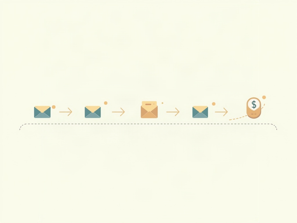 A timeline of friendly reminder envelopes flowing toward a coin and checkmark, showing a follow-up cadence