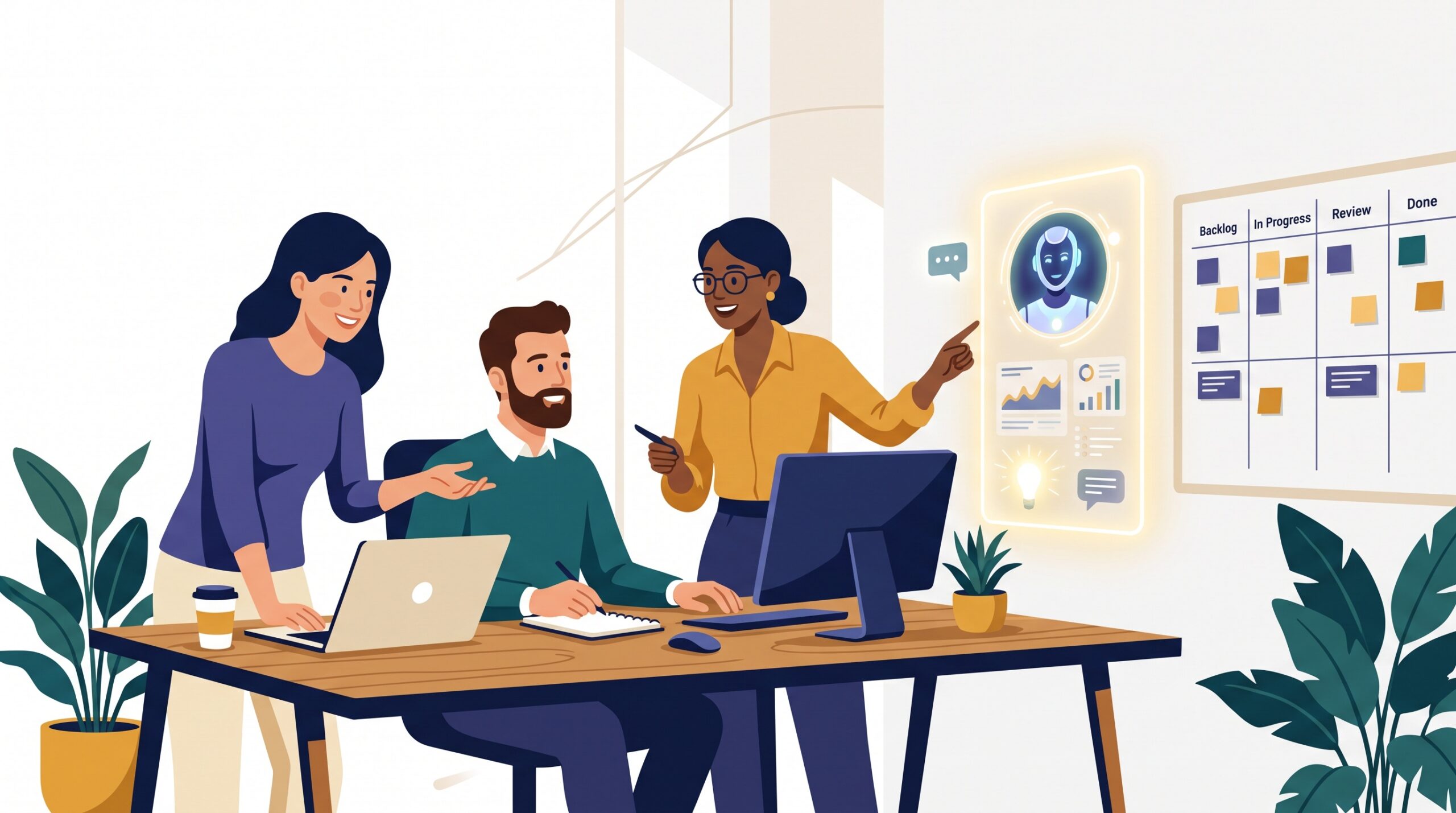 A small team working alongside an AI assistant next to a kanban board
