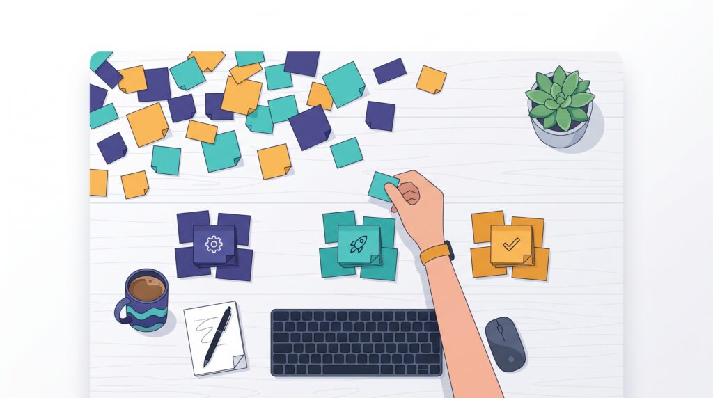 Many small sticky notes being gathered into a few organized clusters on a desk