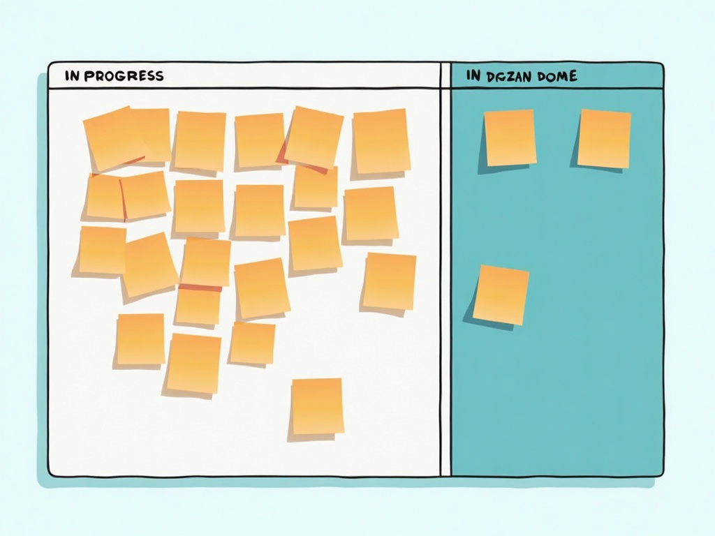 A kanban board with an overloaded in-progress column and a nearly empty done column