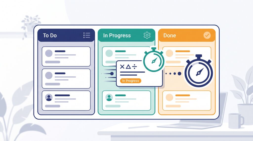 A kanban board with a card crossing it and two stopwatches measuring different spans of its journey