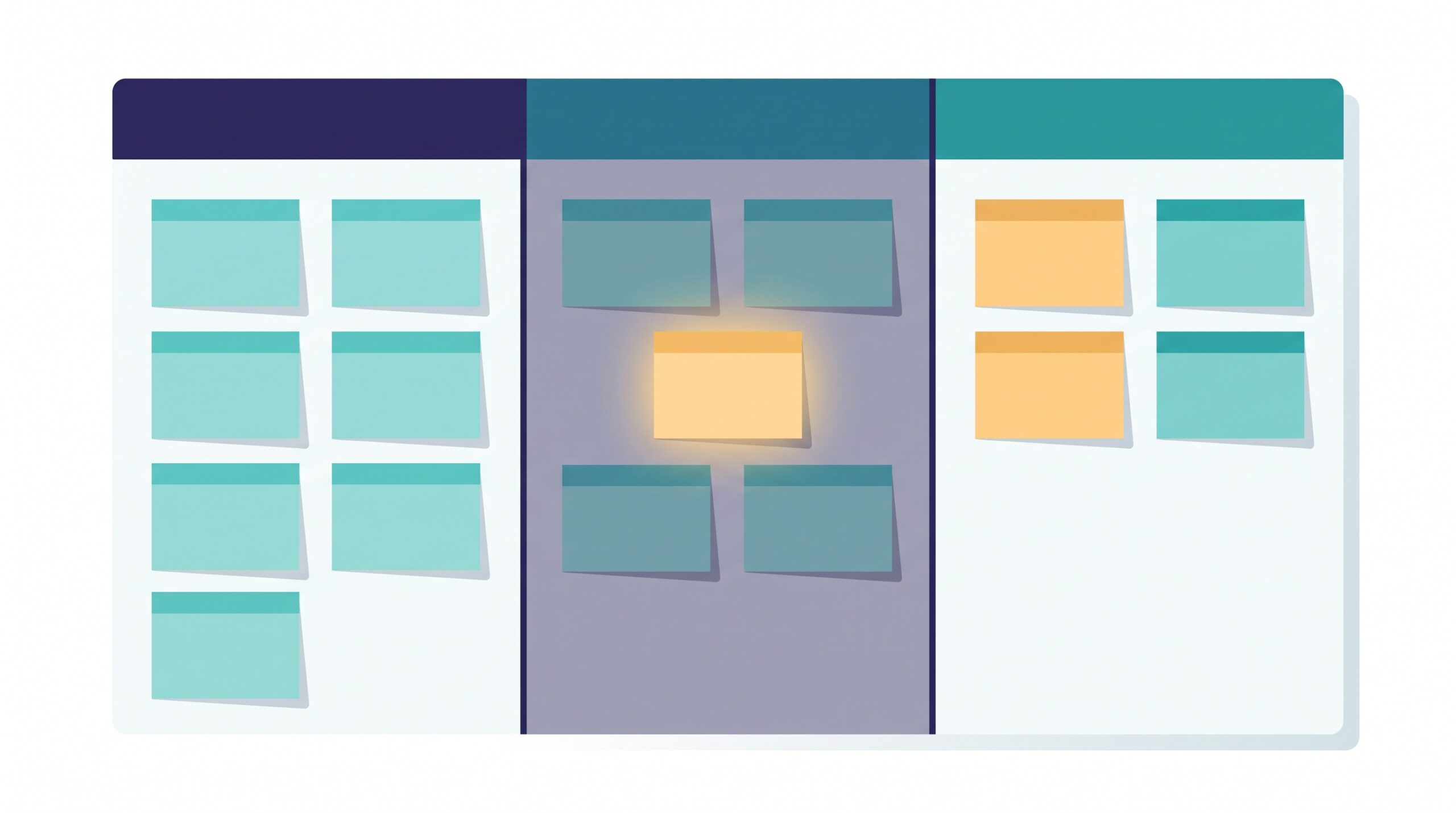 A kanban board where one active card glows while others wait in a shaded zone
