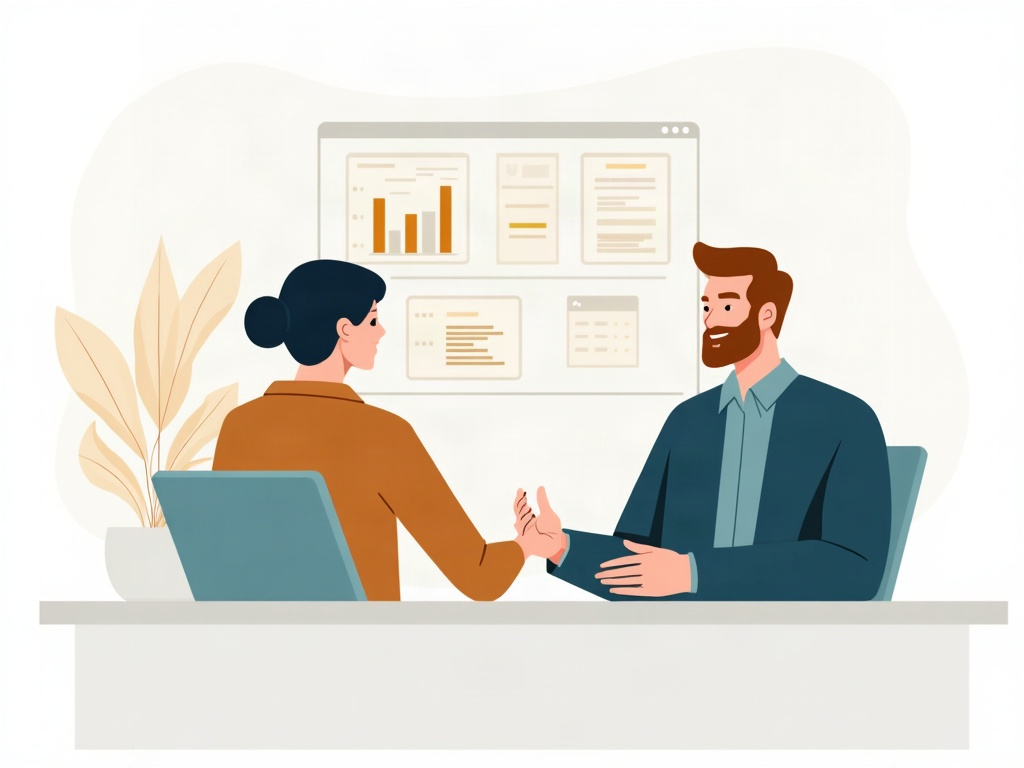 A team lead calmly giving a client a confident delivery answer with a board in the background
