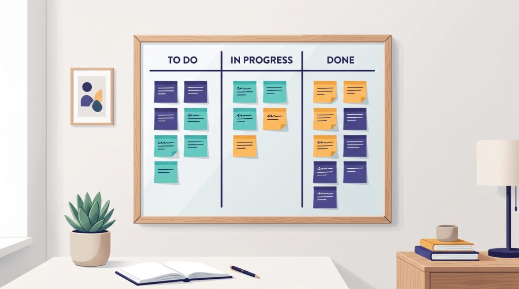 A simple, uncluttered three-column kanban board with tidy sticky notes