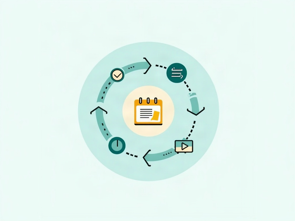 A circular loop of plan, build, review, reflect stages holding a committed batch of cards on a fixed calendar rhythm