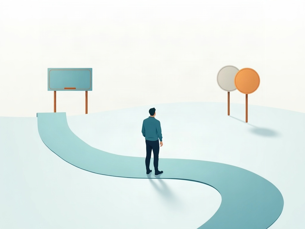 A person at a fork in the path choosing between a flowing-stream board and a sprint-cycle board
