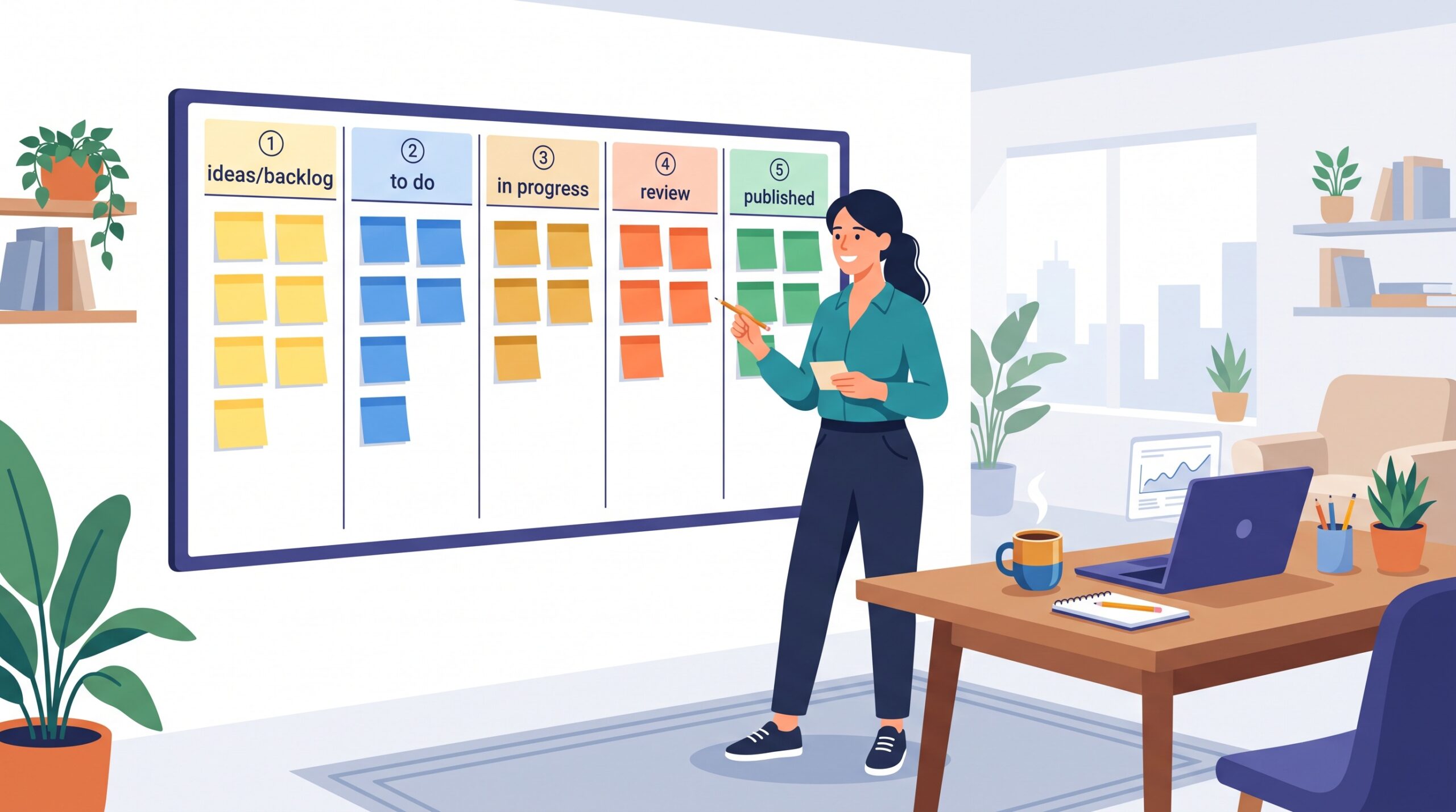 Illustration of a marketer standing before a five-column kanban content pipeline board