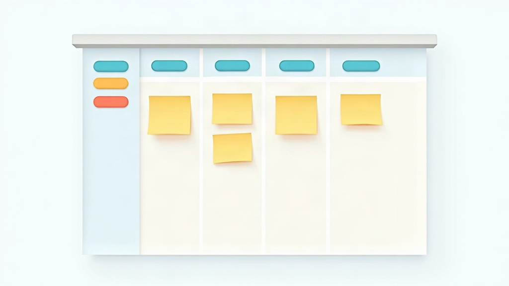 Kanban board with five color-coded columns representing a content pipeline