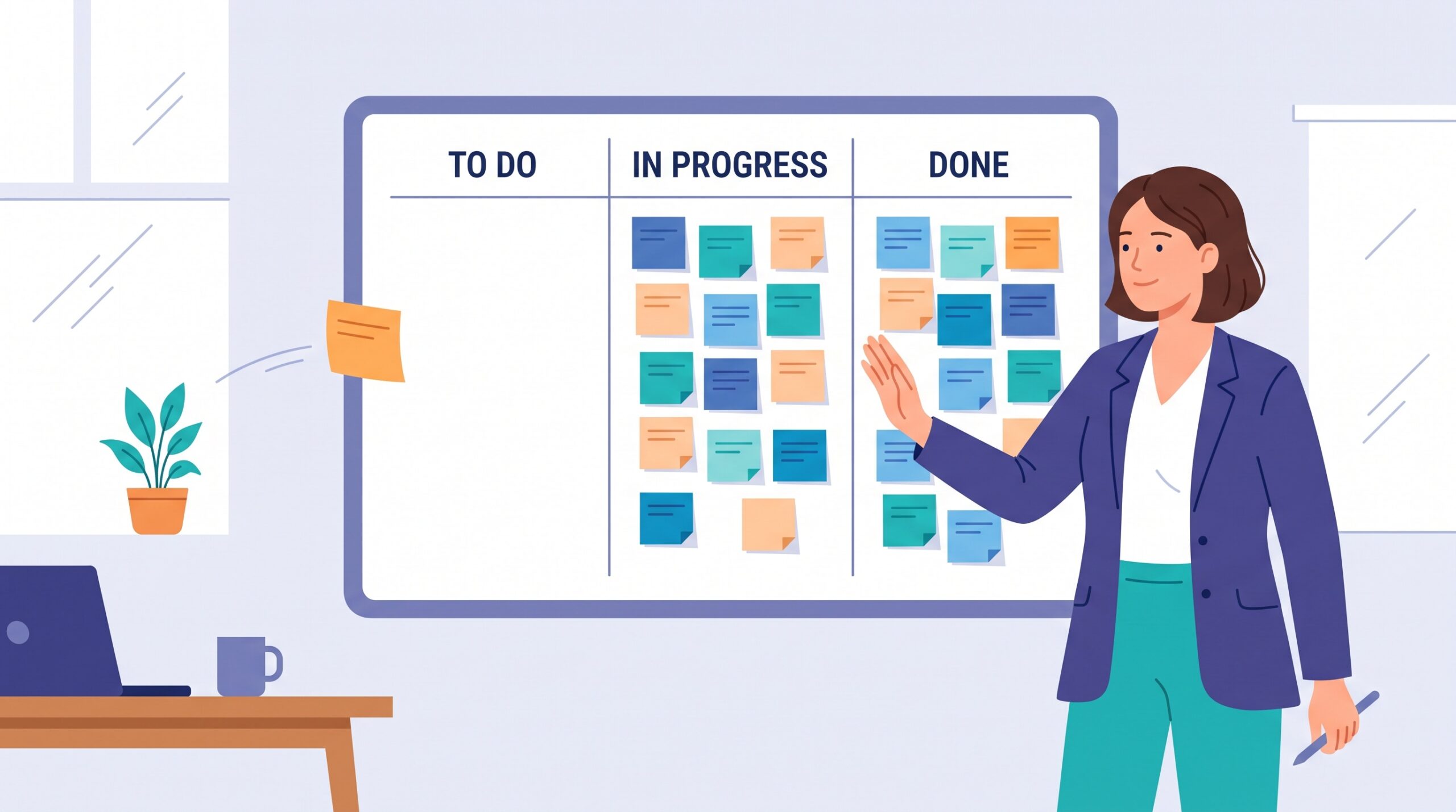 A team lead calmly pausing an incoming request in front of an already-full kanban board
