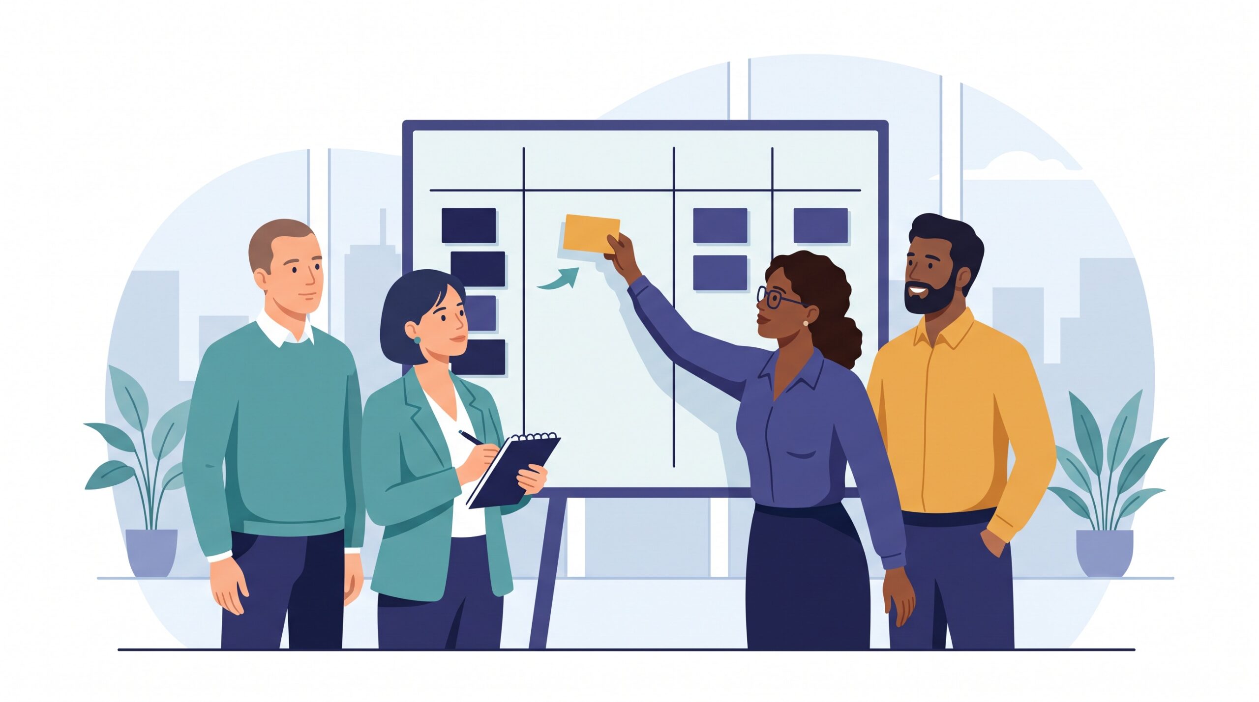 A small team at a weekly meeting moving one card from the backlog into the ready column of a kanban board