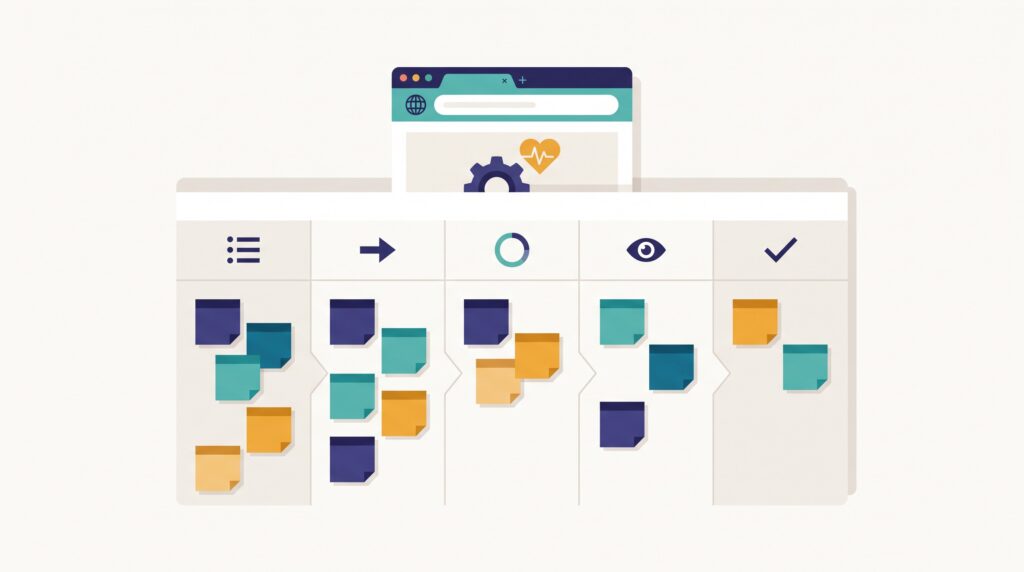 A kanban board of website-maintenance cards flowing toward a done column, with a healthy browser window above it