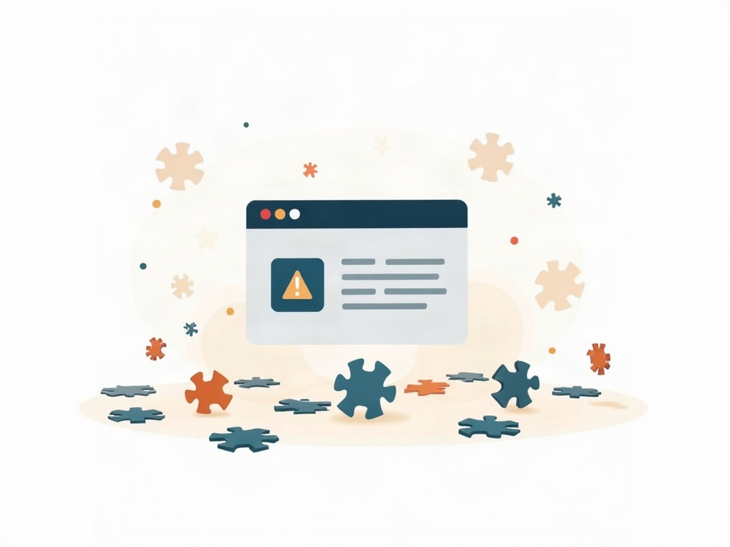 A cracked browser window surrounded by scattered plugin puzzle pieces, showing a neglected website