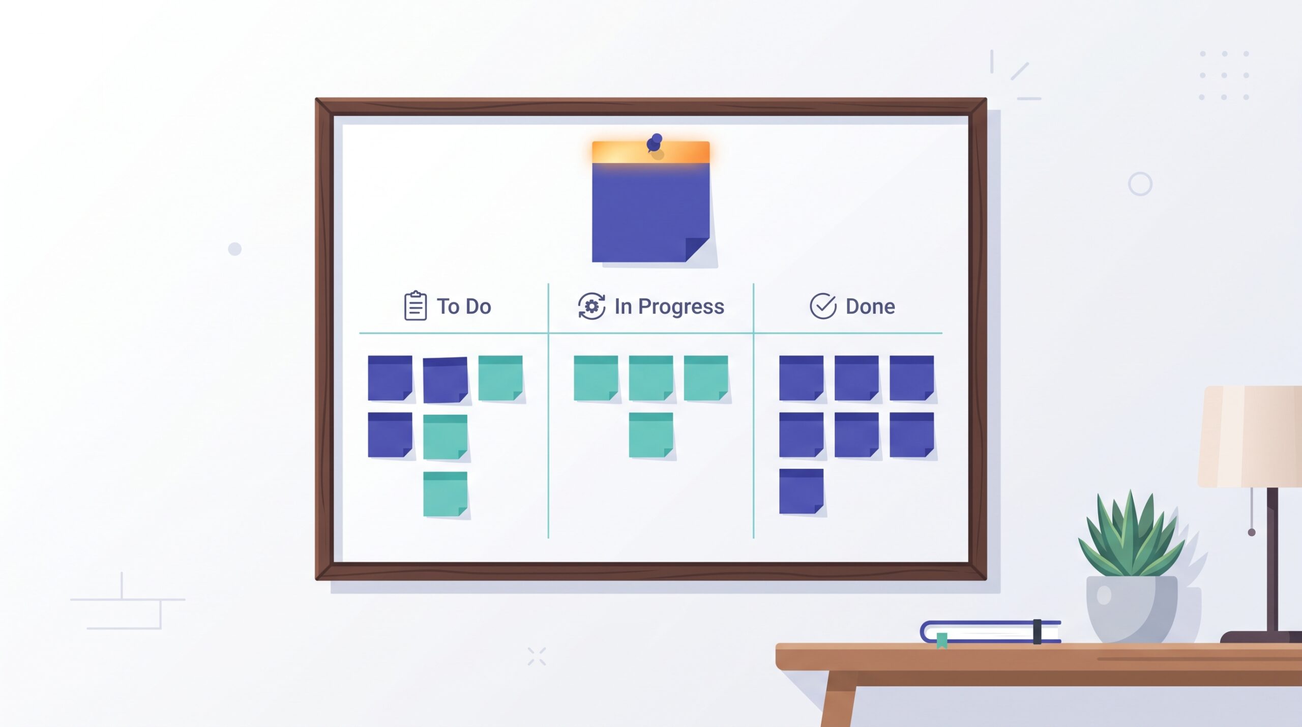 A single highlighted sticky note anchored at the top of a tidy kanban board