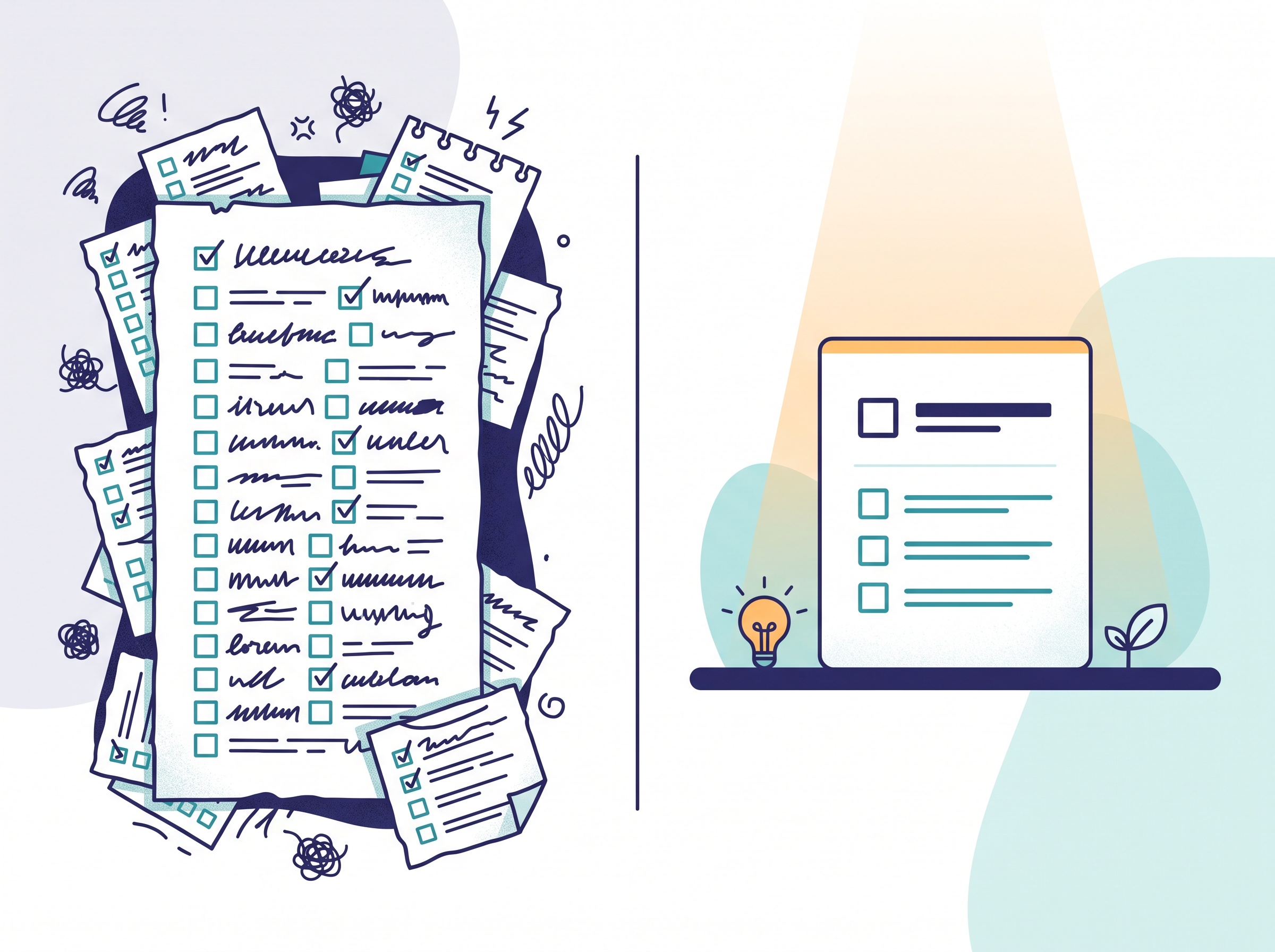 An overloaded chaotic to-do list contrasted with a single focused card