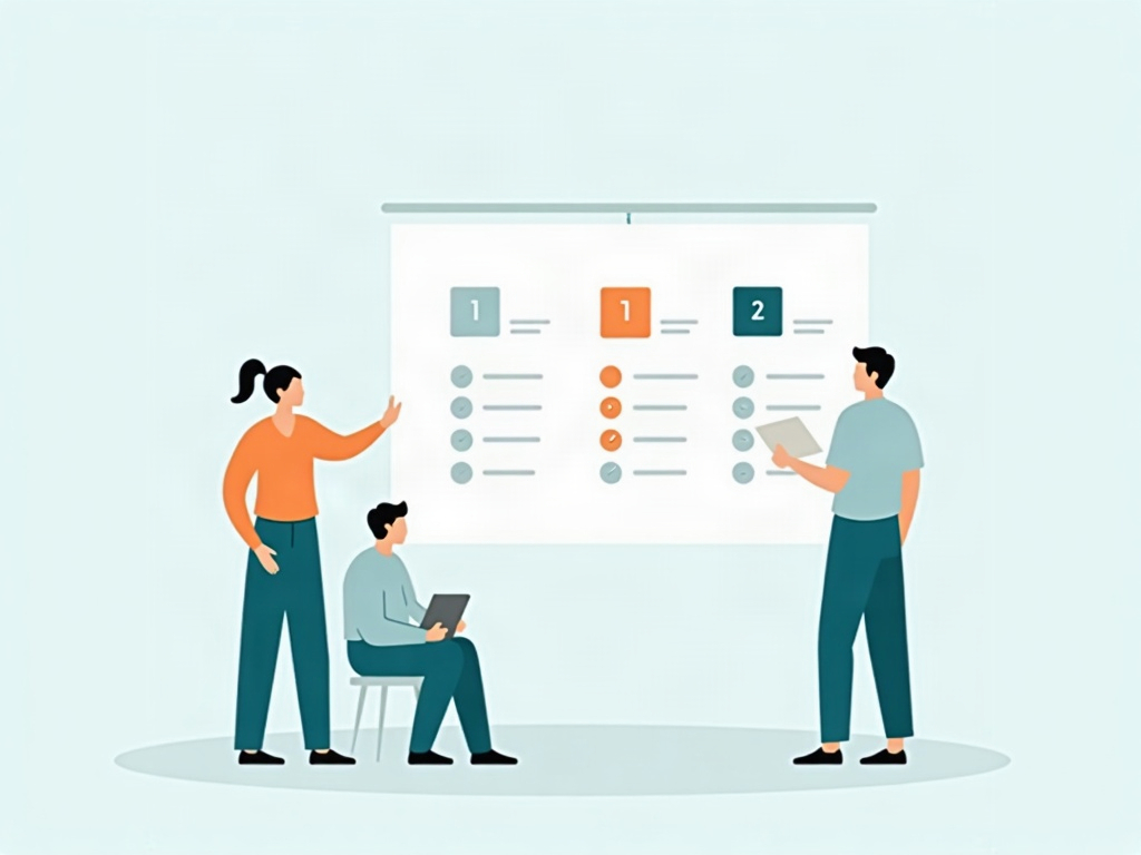 A small team at a kanban board, each person with one highlighted anchor card