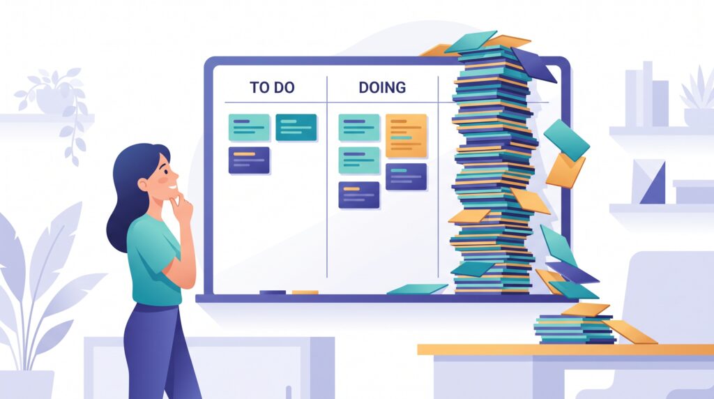 Illustration of a kanban board with an overflowing Done column
