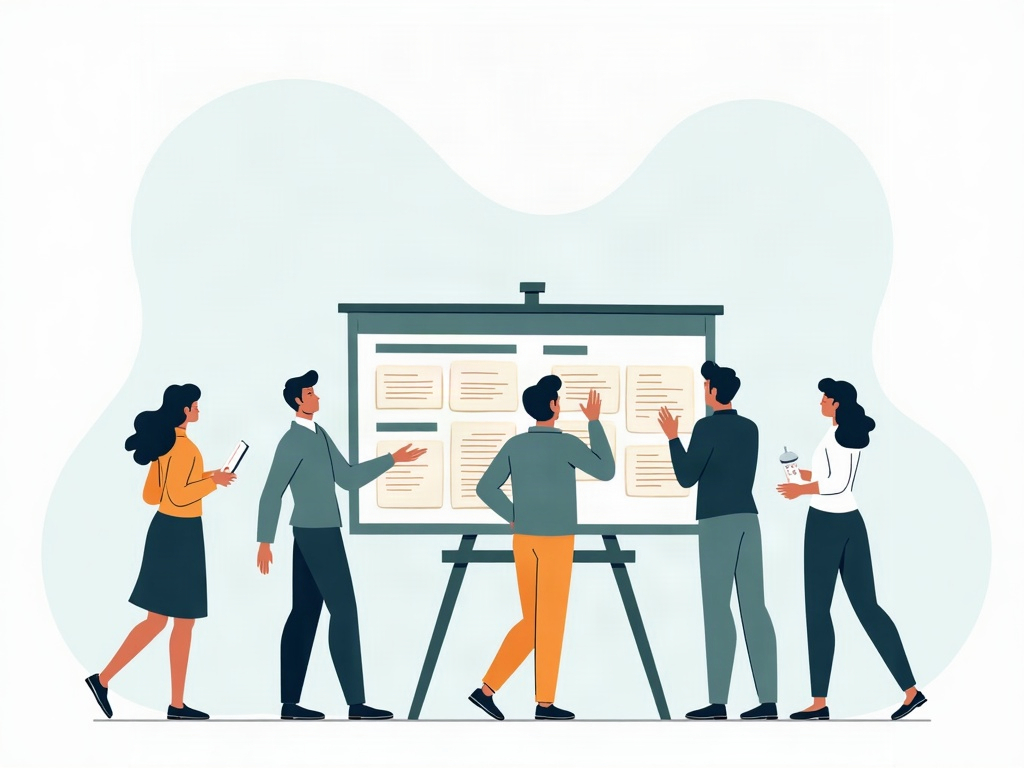 Illustration of a team reviewing recently completed cards before clearing them