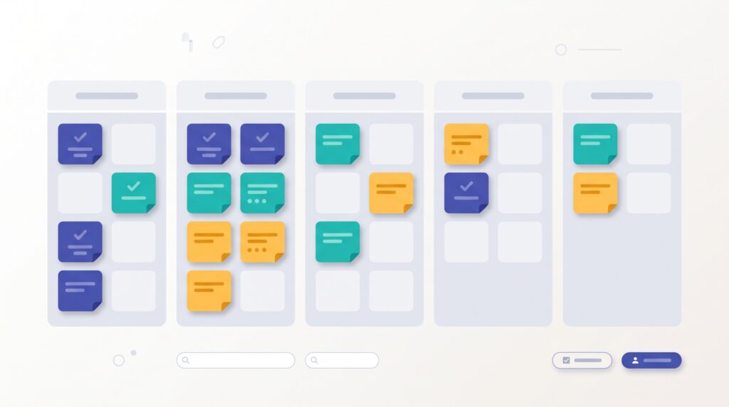 A kanban board with cards moving across onboarding stages from left to right