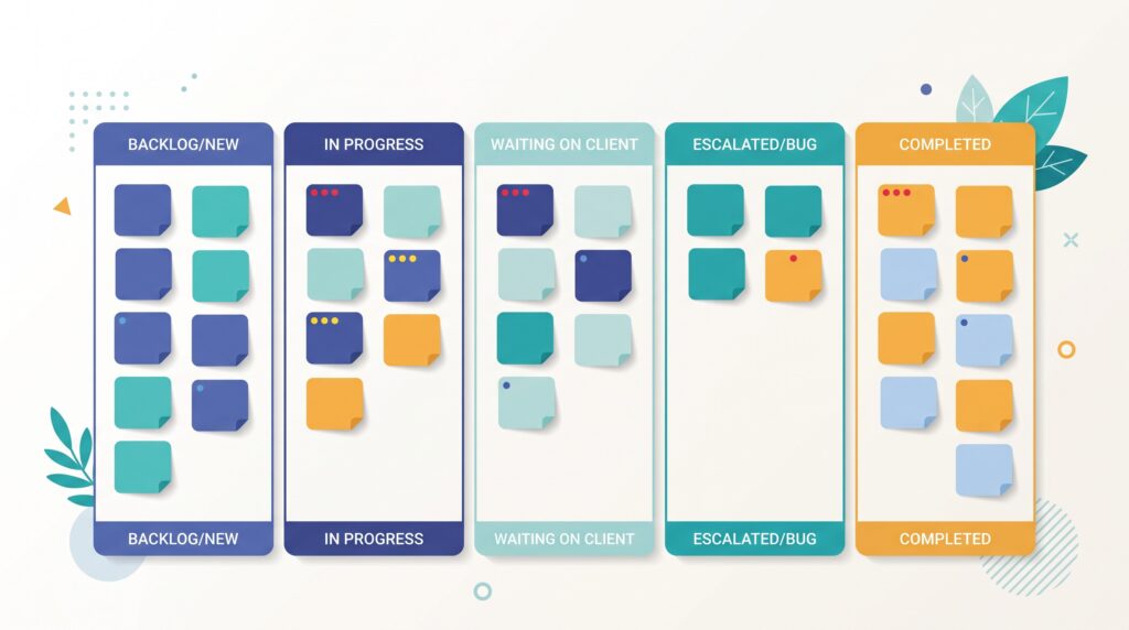 A customer support kanban board with ticket cards moving across columns from new to resolved