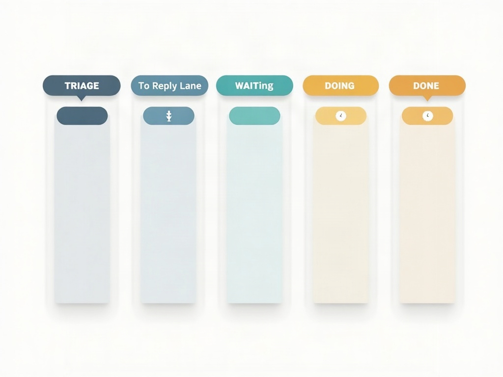 A five-column kanban board with cards representing triage, reply, waiting, doing, and done lanes