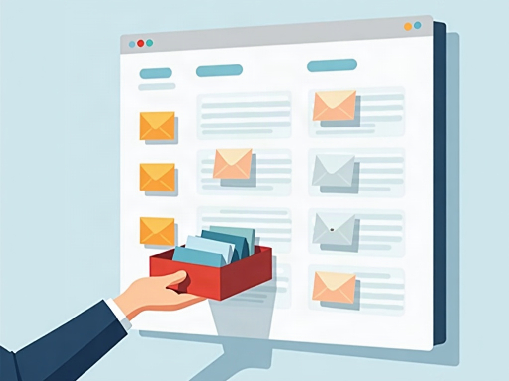 A hand sorting envelope-shaped cards from an inbox tray into columns on a kanban board
