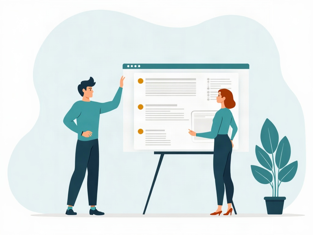 A calm nearly empty inbox beside a tidy kanban board with a relaxed person looking on