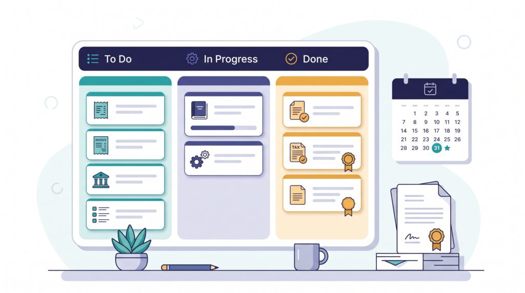 A tidy kanban board beside a month-end calendar page, representing an organized bookkeeping close