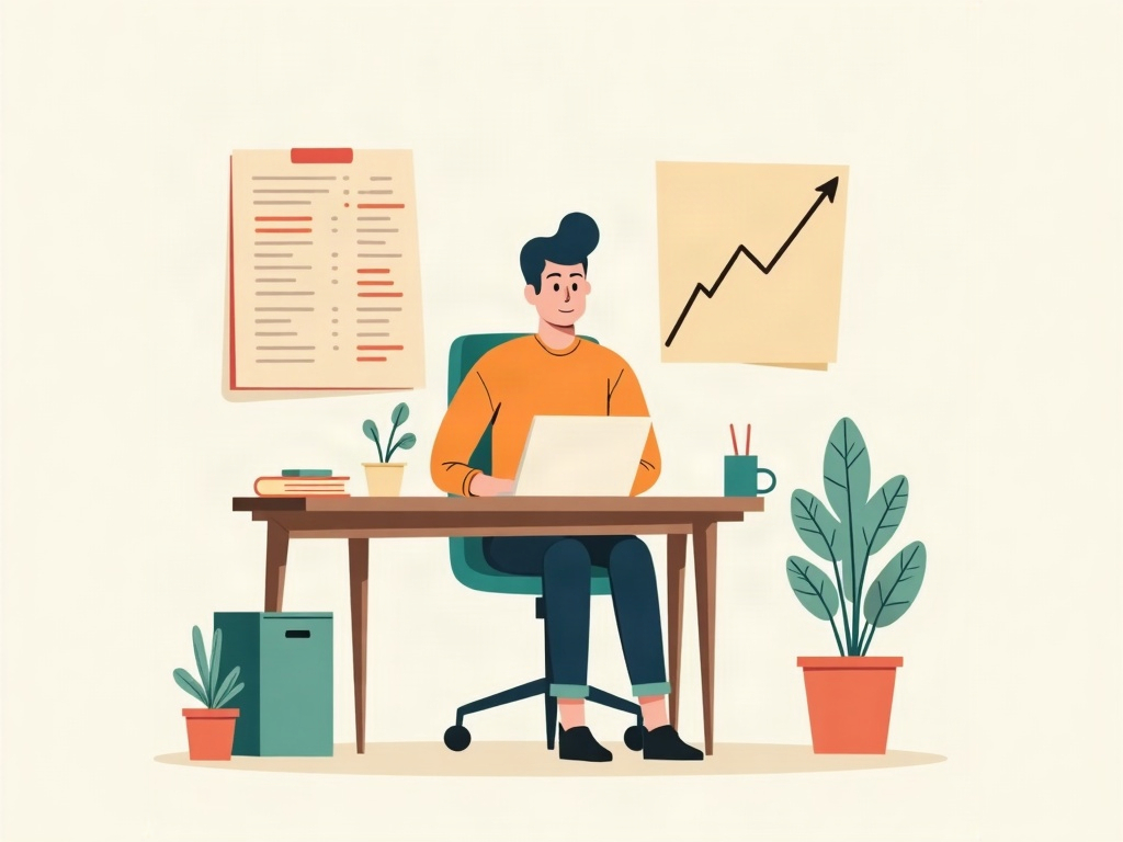 A relaxed owner at a tidy desk with a completed board and a simple upward trend line behind them