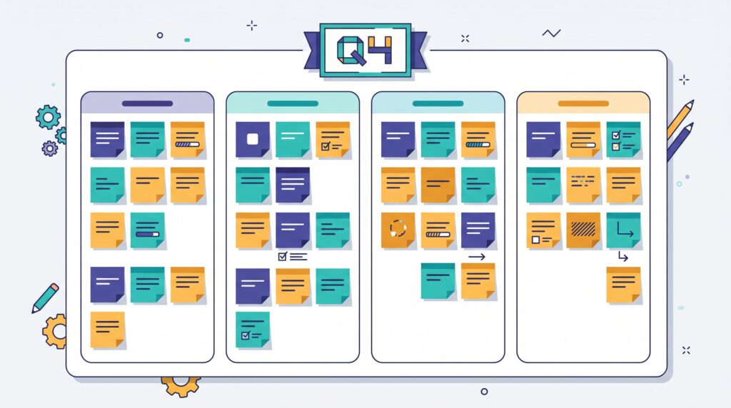 A four-column quarterly kanban board set up for Q4 planning