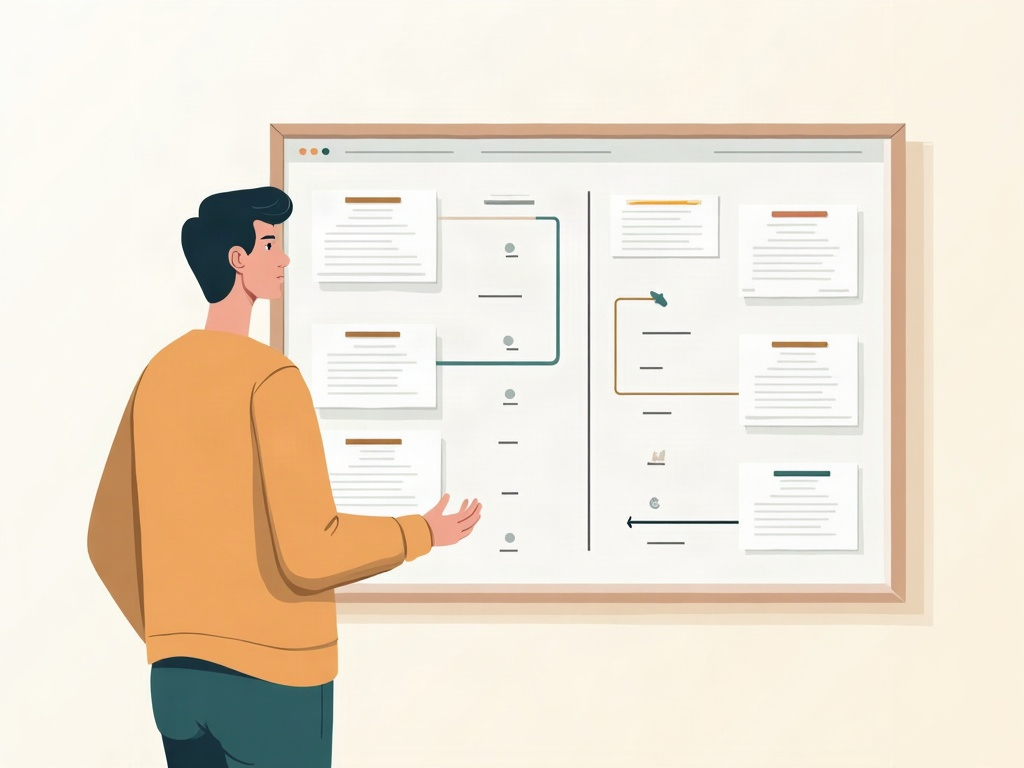 A calm owner looking at an organized board where routine and project cards both flow smoothly