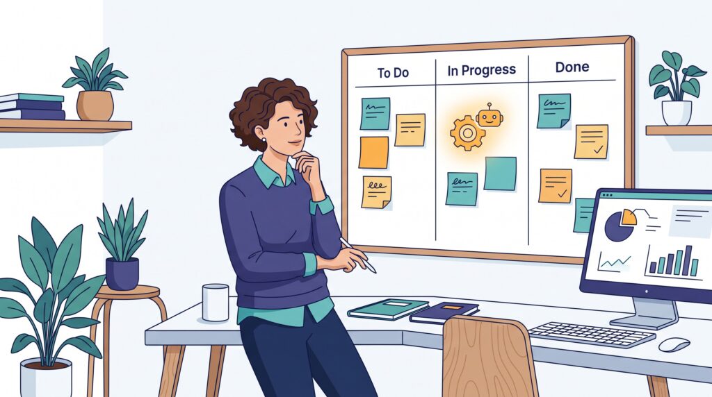 Illustration of an owner deciding whether to automate a single step on a kanban board