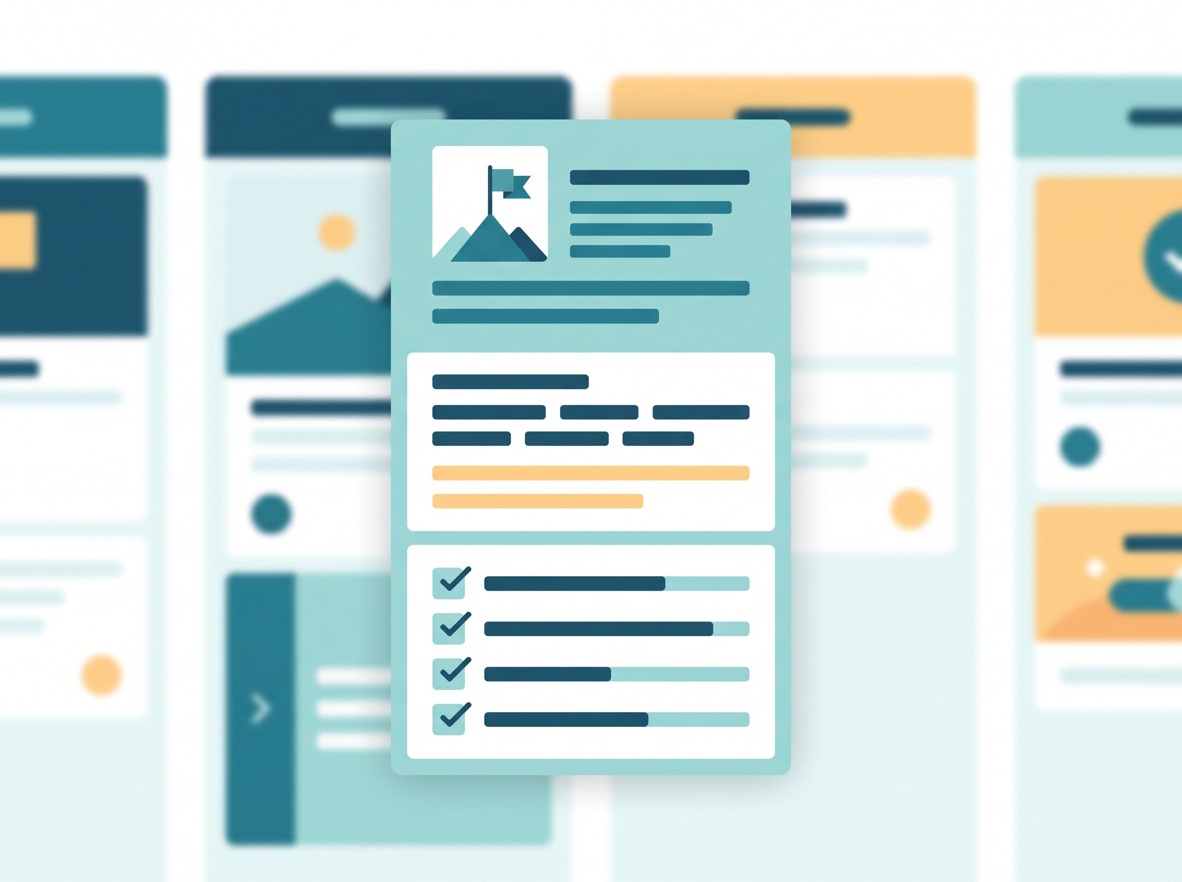 A close-up of a detailed kanban card with sections for the goal, details, and a finished checklist